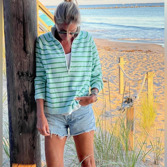 Pink Pineapple pink green cotton stripe half zip pullover sweater - Picture 1 of 10